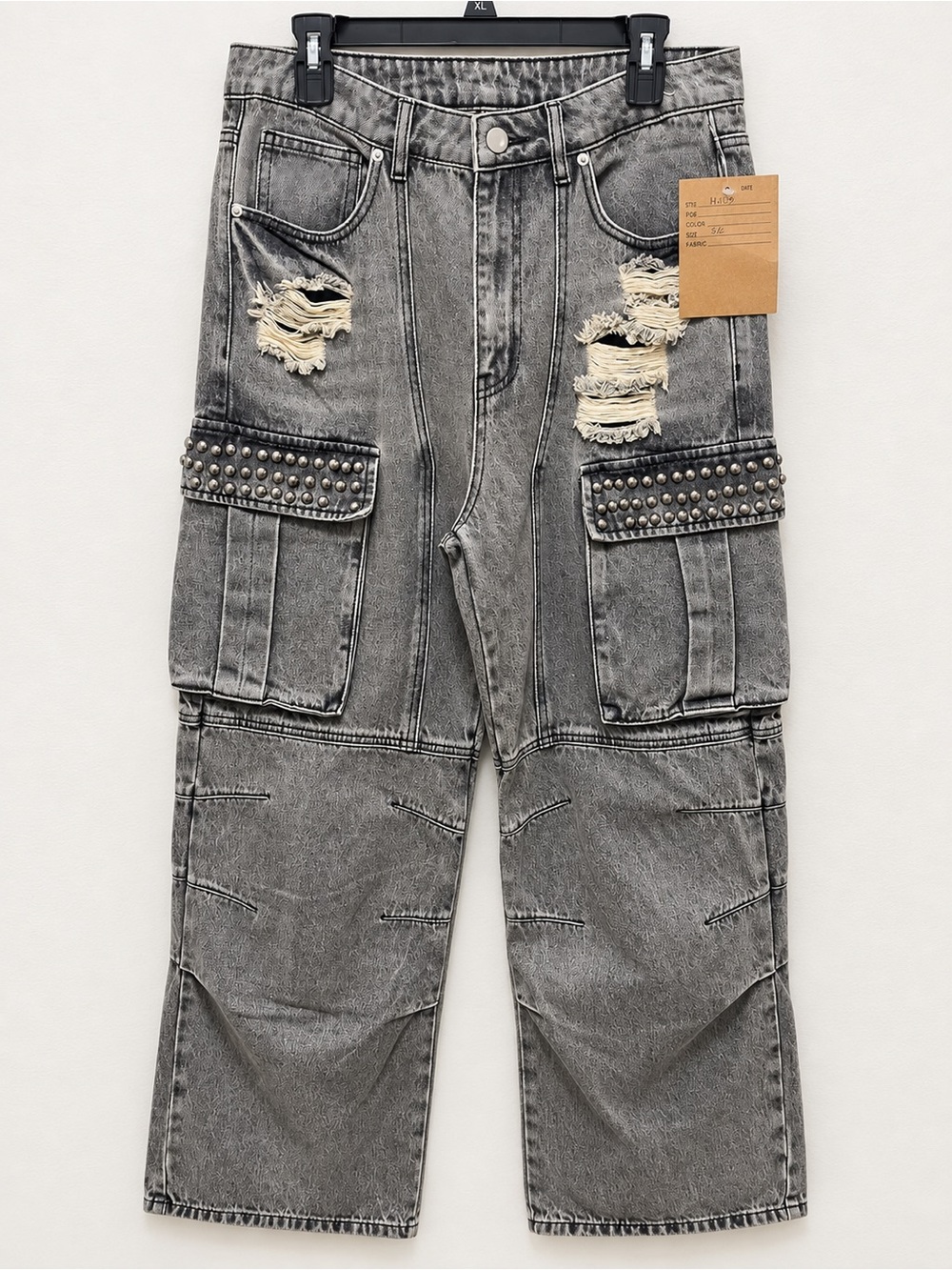 Relaxed Fit Grey Distressed Cargo Jeans with Stud Detail
